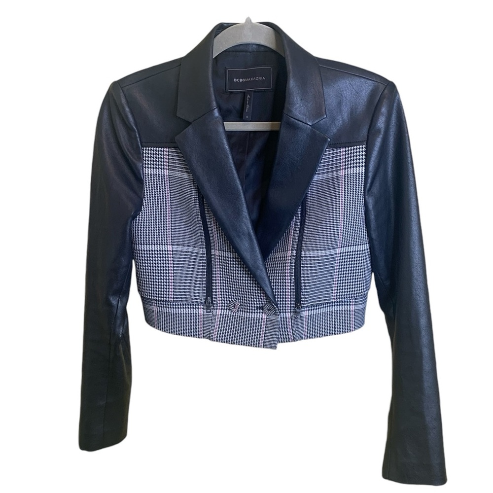 BCBGMAXAZRIA Cropped Jacket/Blazer in Plaid w/Faux Leather Accents, Size Small